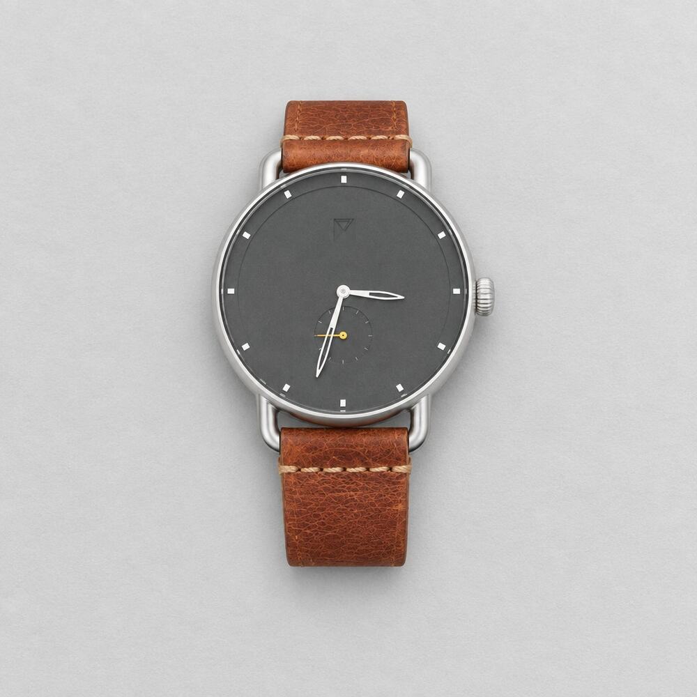 MVMT Revolver Minimalist Watch 41mm Silver Black Dial Brown Leather New Battery